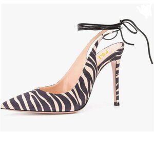 FSJ Zebra Suede Sexy Zebra Slingback Pumps Lace Up Ankle Strap High Heels Shoes
